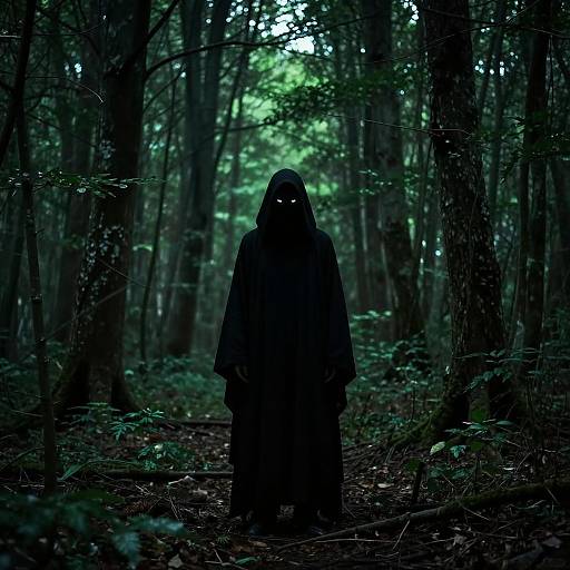 Mysterious black-cloaked figure with glowing white eyes stands in dimly lit, dense forest, surrounded by tall trees and green foliage. Photograph.