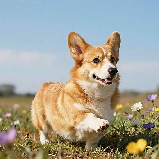 Photorealistic Corgi in Flower Garden