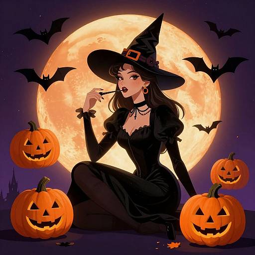 Vintage Witch with Jack-O'-Lanterns