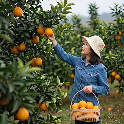 Chinese Woman Picking Oranges in Farm