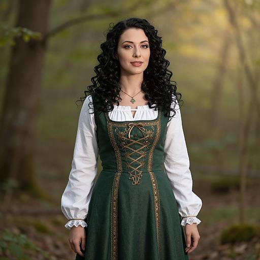 Photograph of a woman with long, curly black hair, wearing a green medieval-style dress with gold embroidery, white puffed sleeves, and a green