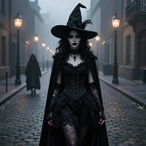 Photograph: Gothic witch with black lace dress, cape, and hat stands on misty cobblestone street, glowing street lamps, blurred figure in