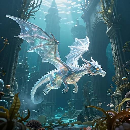 Digital artwork of a glowing, ethereal white dragon with translucent wings flying through a mystical, underwater ruins filled with ancient pillars and aquatic plants.