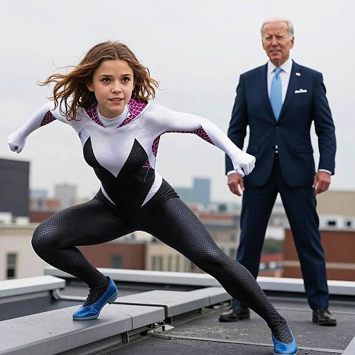 Photograph of a determined young woman in a white, purple, and black superhero suit with blue shoes, crouching on a rooftop, while an