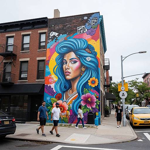 Vibrant street mural of a blue-haired woman with large flowers on a city corner, surrounded by pedestrians and cars. Photorealistic graffiti style.
