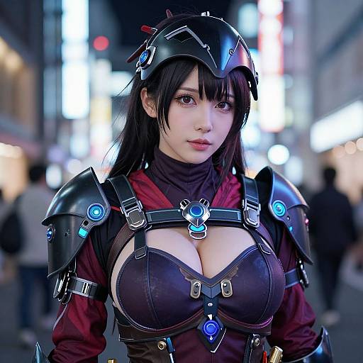 Photorealistic CGI of an Asian woman in futuristic armor with glowing blue accents, large breasts, and a black helmet, standing in a neon-lit