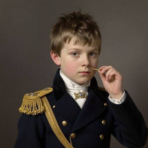 Photograph of a young boy in a formal navy blue military-style uniform with gold epaulettes, white shirt, and gold necktie, holding