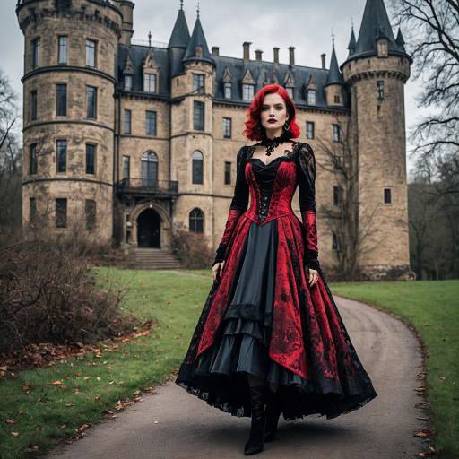 Gothic Woman in Red and Black Dress at Historical Castle