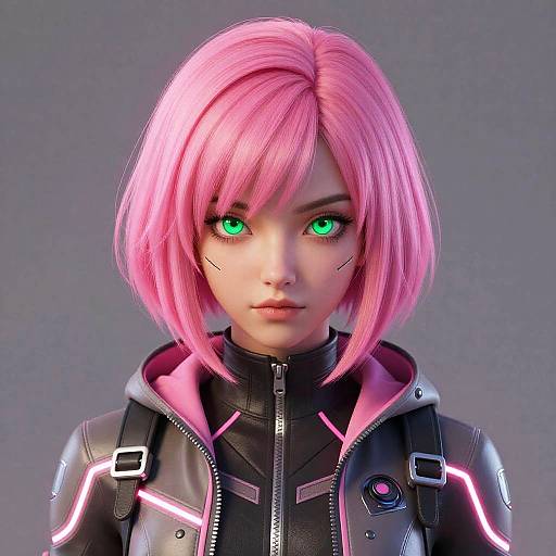 CGI portrait of a young woman with pink bob hair, glowing green eyes, black leather jacket with neon accents, and a grey background.