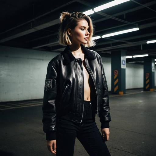 Fashion Model with Wolf Cut in Leather Bomber Jacket Fashion Model with Wolf Cut in Leather Bomber Jacket
