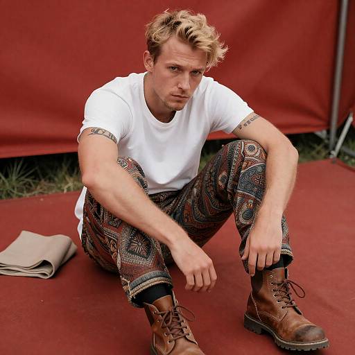 Blond Man in Red Tent Setting
