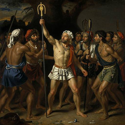 Baroque-style painting of muscular, shirtless men with diverse skin tones and ancient Greek-style clothing, surrounding a central figure with a golden staff, in