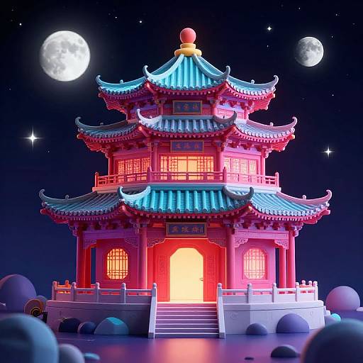 Digital art of a vibrant red, multi-tiered Chinese pagoda with blue-tiled roofs, illuminated by a glowing entrance, under a starry night