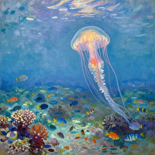 Vibrant underwater painting of a glowing jellyfish with trailing tentacles amidst colorful coral reefs and diverse fish, bathed in blue light.