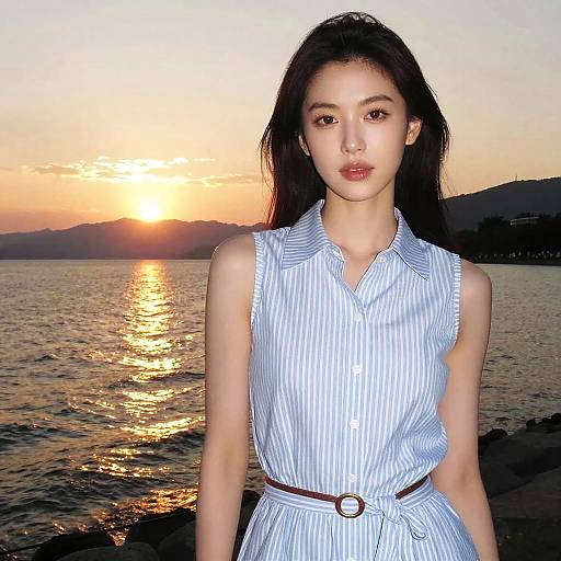 Slim Woman by Sunset Mountain Lake