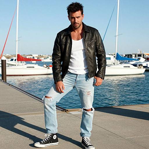 Photograph of a muscular, bearded man with short, spiky black hair, wearing a black leather jacket, white t-shirt, ripped light blue