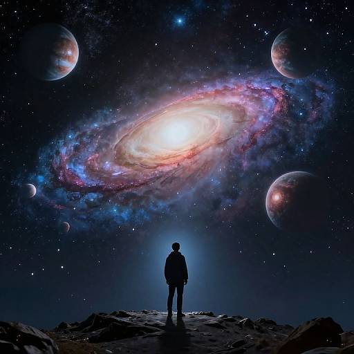 Silhouetted figure standing on rocky terrain, gazing at a vibrant, glowing spiral galaxy with numerous planets in a starry, dark sky.