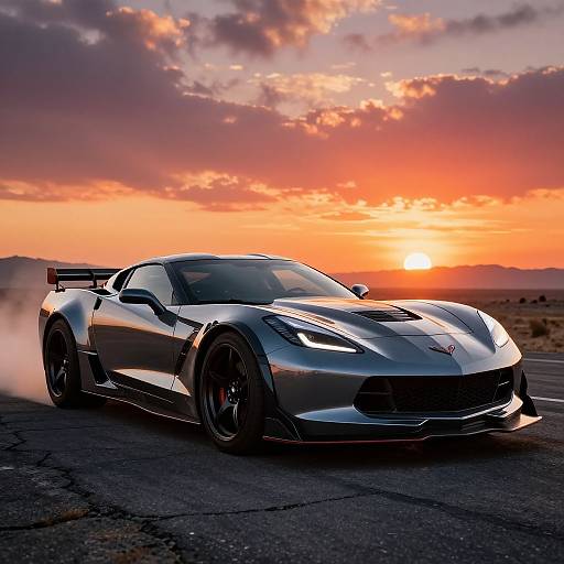 Photograph of a sleek, silver sports car with black accents, driving on a cracked road at sunset, with a vibrant orange and purple sky in the