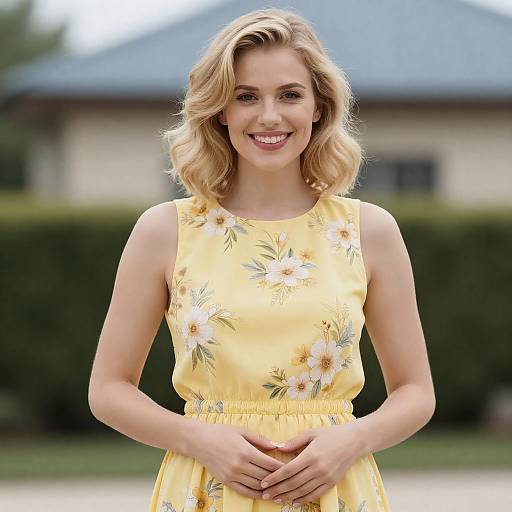 Smiling Pregnant Woman in Yellow Dress