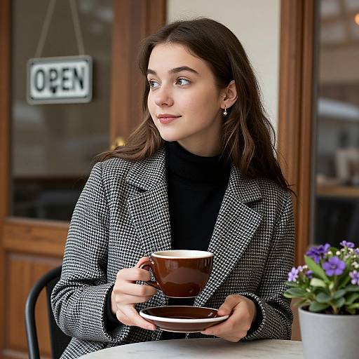 Photograph of a young woman with fair skin and brown hair, wearing a black-and-white checkered blazer, holding a brown coffee cup, seated