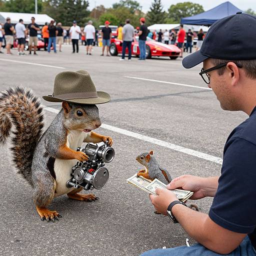 Photograph of a man in a black cap and glasses, photographing a squirrel wearing a hat, holding cameras, with a smaller squirrel on paper.