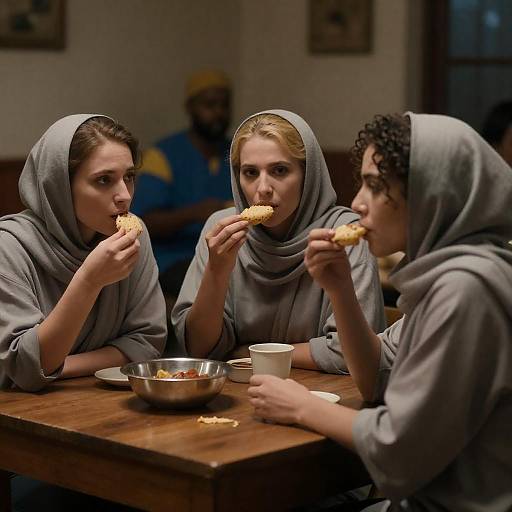 Three Women Eating and Talking in Grey Headscarves
