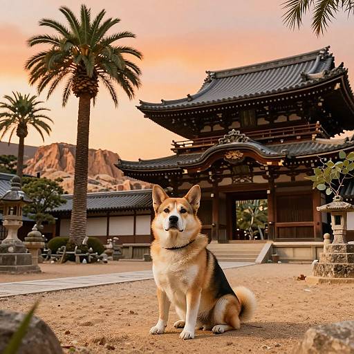 Photograph of a tan and black Shiba Inu dog sitting in front of a traditional Japanese temple with palm trees, rocky mountains, and a sunset