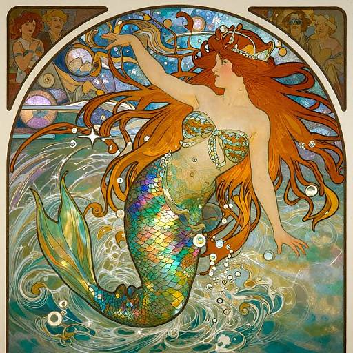 Vibrant digital illustration of a mermaid with long orange hair, shimmering green and gold scales, dancing in ocean waves, surrounded by bubbles and