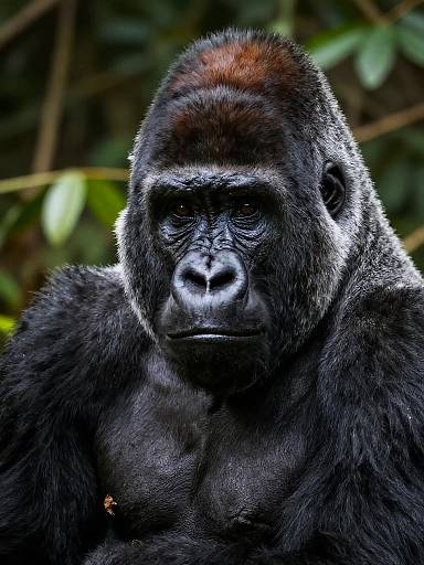 Photograph of a solemn, muscular gorilla with dark, glossy fur, intense black eyes, and a reddish-brown crown, set against a