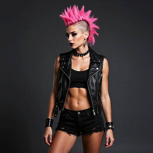 Photograph of a punk-rock woman with neon pink mohawk, black leather vest, crop top, and frayed shorts, dark background.