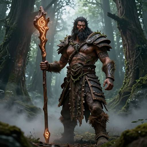 Digital fantasy artwork of a muscular, bearded barbarian with dark fur clothing, holding a glowing, ornate staff, in a misty forest.