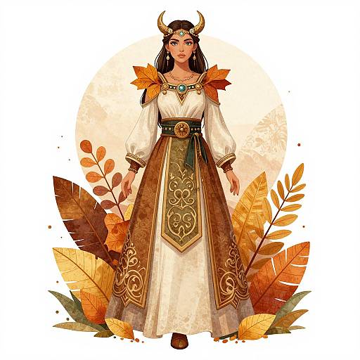 Digital illustration of a horned woman in a white and brown ornate dress, surrounded by autumn leaves. She wears a headpiece and has long black