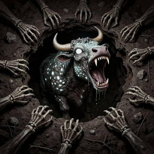 Digital artwork: A glowing, horned, monstrous bull with sharp teeth and eerie blue spots emerges from a dark hole, surrounded by skeletal hands reaching in