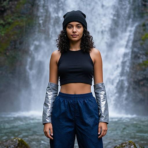 Photograph of a curly-haired, brown-skinned woman with a black beanie, sleeveless black crop top, silver arm sleeves, and navy pants