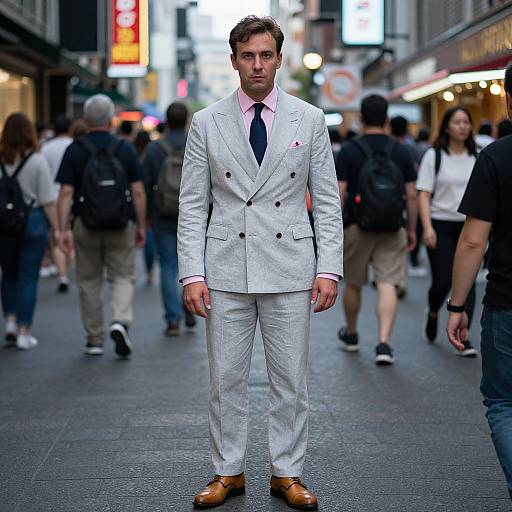 Photograph of a handsome man in a light gray double-breasted suit with pink shirt and blue tie, standing confidently in a busy urban street at night