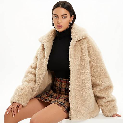 Photograph of a woman with dark hair, wearing a fluffy beige coat, black turtleneck, and plaid skirt, sitting against a white background