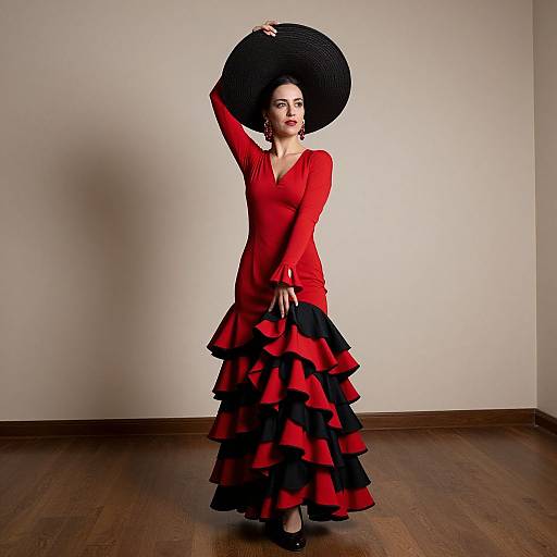 Photograph of a pale-skinned woman in a red long-sleeve dress with black ruffles, black hat, and red earrings, standing on