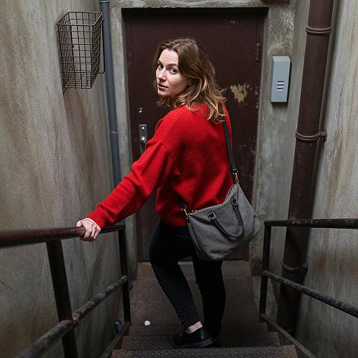 Woman Ascending Dark Alley Staircase