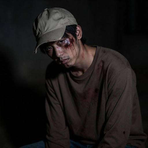 Eerie Blood-Stained Portrait in Shadows