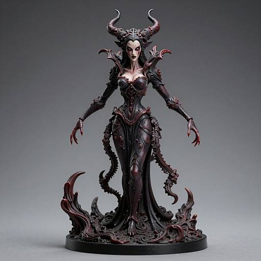 Photograph of a dark, gothic, horned female statue with intricate armor-like clothing, elongated claws, and a flowing, twisted skirt,