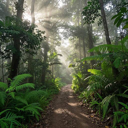 Sunlit forest path with rays of light filtering through tall trees, surrounded by lush green ferns and dense foliage. Photorealistic photograph.