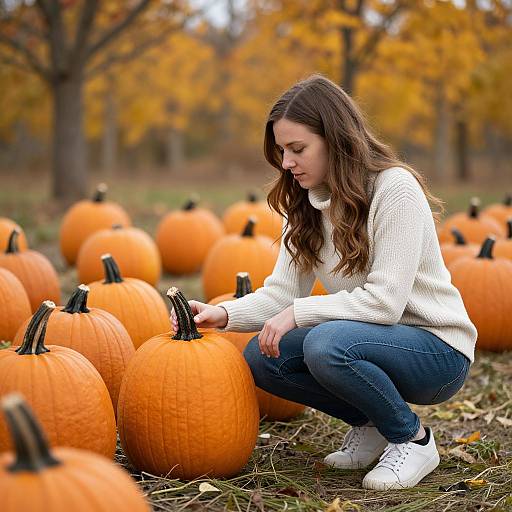 Young woman with long brown hair, white sweater, and blue jeans squats among large, orange pumpkins in a autumnal pumpkin patch.