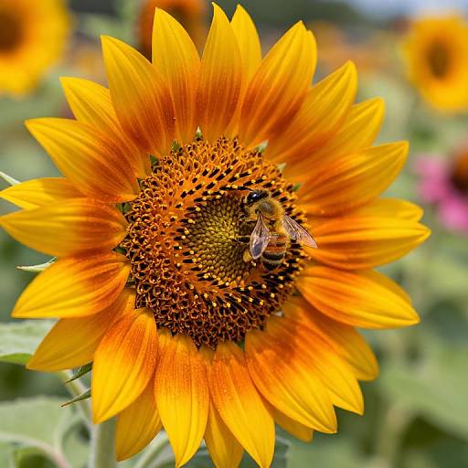 Close-up photograph of a vibrant orange sunflower with a bee on its center, surrounded by blurred green foliage and other flowers.