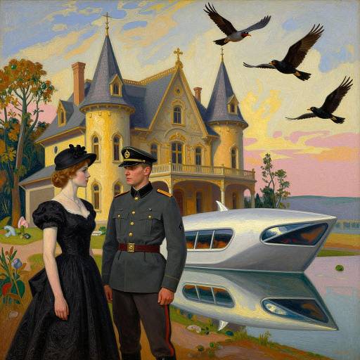 Artistic painting of a woman in a black dress and hat, a military officer in uniform, and a futuristic white car in front of a castle with