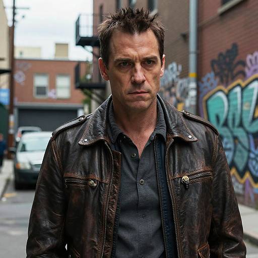 Photograph of a serious-looking man with spiked hair, wearing a worn leather jacket over a dark shirt, standing on a graffiti-covered urban street.