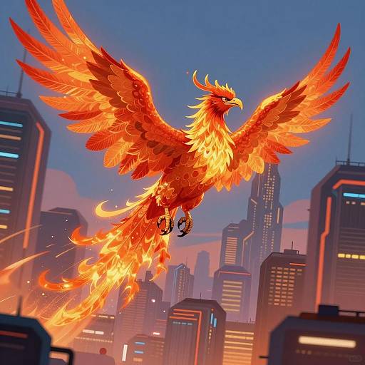 Fiery Phoenix Over Cyberpunk Cityscape