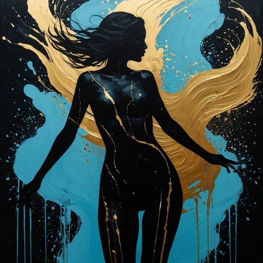 Silhouette of Woman with Gold and Blue Paint Strokes