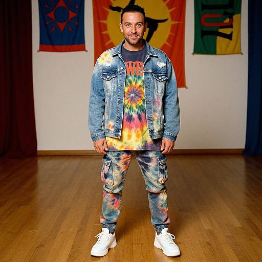 Photograph of a smiling man with a beard, wearing a tie-dye shirt, denim jacket, and matching tie-dye pants, standing on wooden