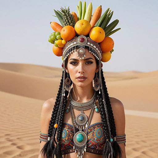 Photograph of a woman with dark braids, wearing an ornate headpiece of oranges, carrots, and greenery, adorned with jewelry, in