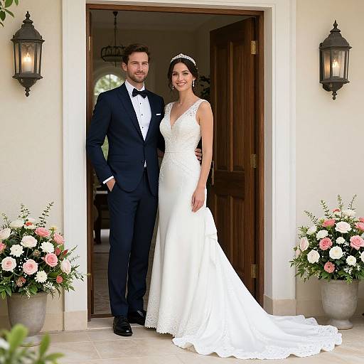 Photograph of smiling bride in white lace gown and groom in black tuxedo standing in doorway, flanked by flower pots.